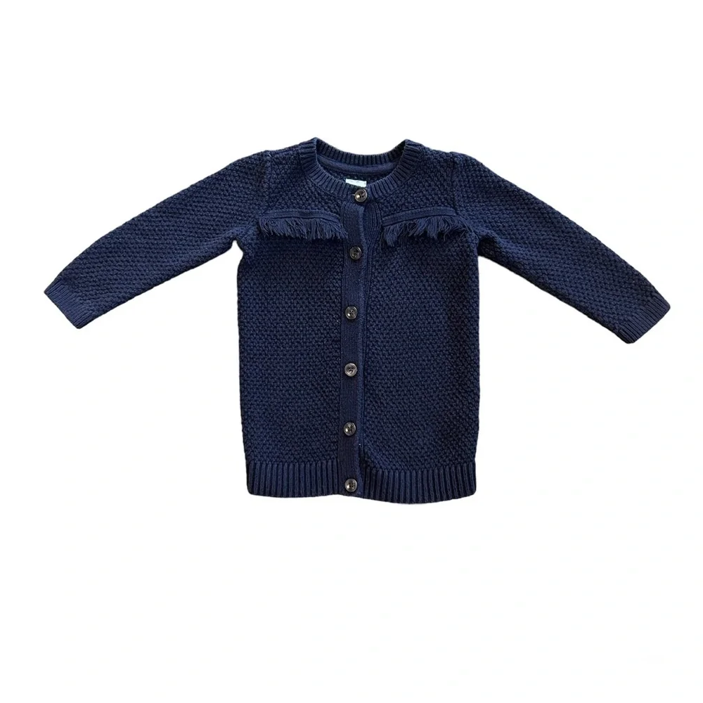 Baby Gap navy blue button front knit cardigan with fringe details size 2 years
